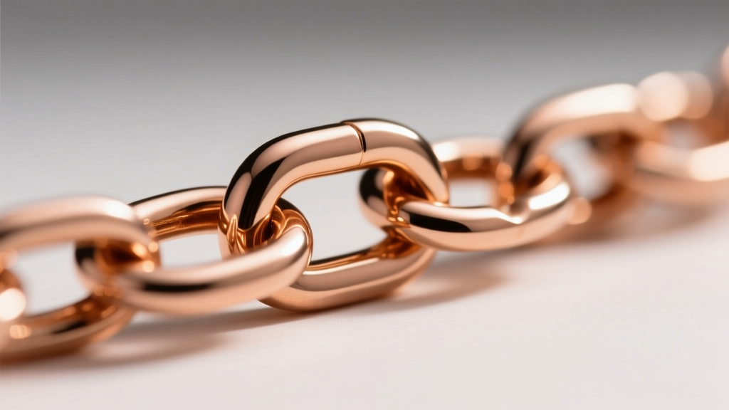Macro shot of a recycled 18k rose gold chain catching soft light, highlighting intricate links and warm copper tones of the gold.