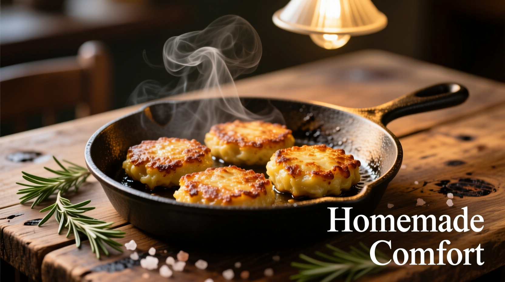 Golden brown potato patties on a cast iron skillet