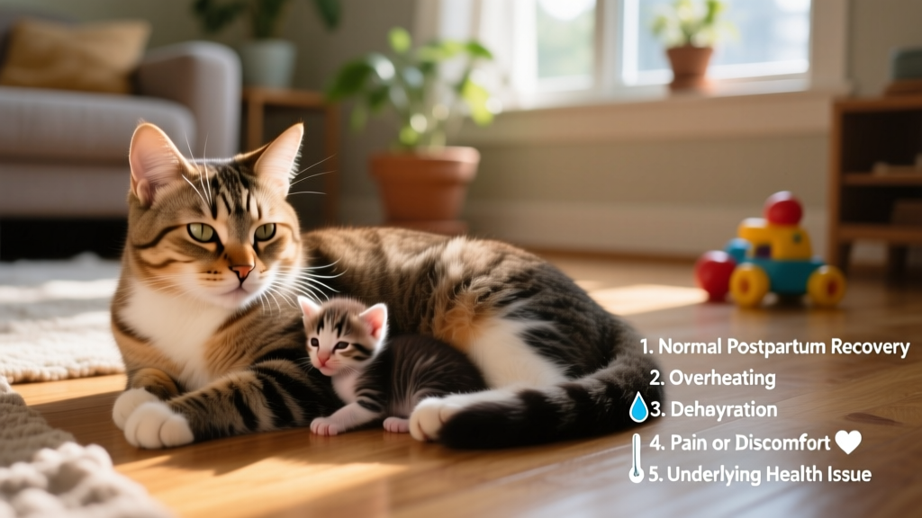 Mother cat resting with newborn kittens, slightly panting but otherwise calm and alert