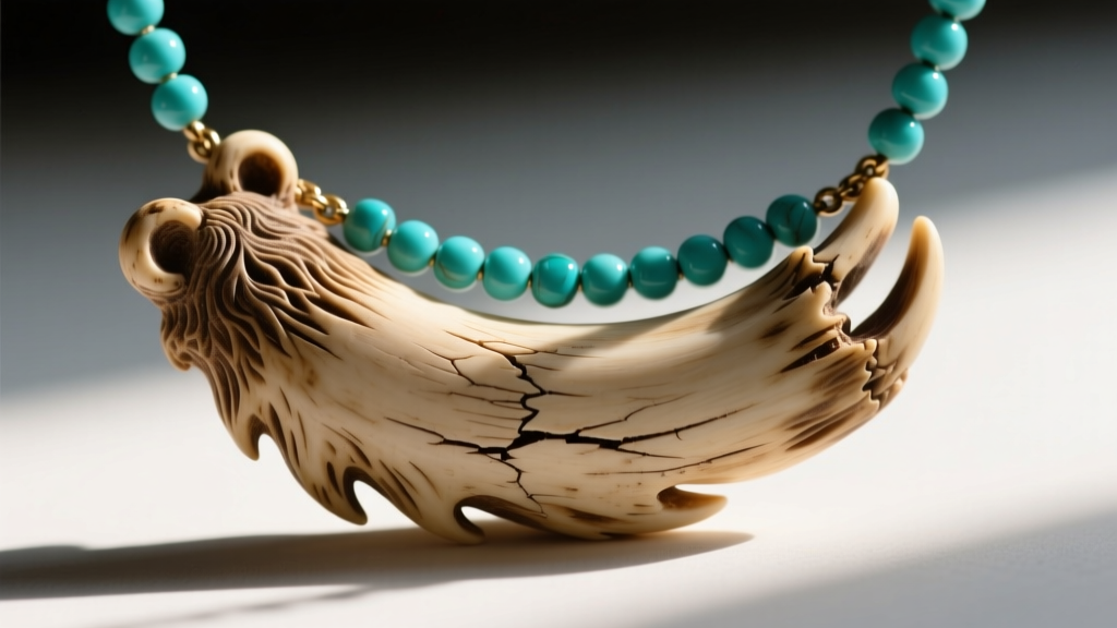 Macro shot of a carved bone bear claw necklace with turquoise beads, showing tool marks and natural organic bone texture details