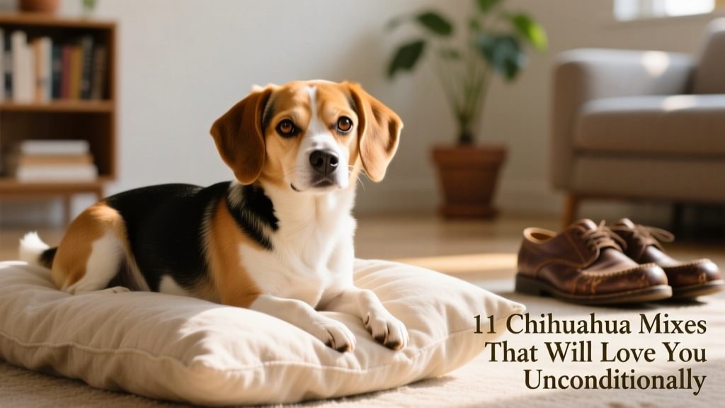 chihuahua beagle mix cheagle with chihuahua face and beagle markings lying on pillow