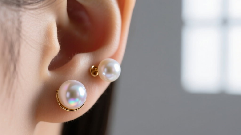 Macro shot of a double pearl stud earring showing a 6mm Akoya pearl in front and an 8mm pearl behind the earlobe, soft light