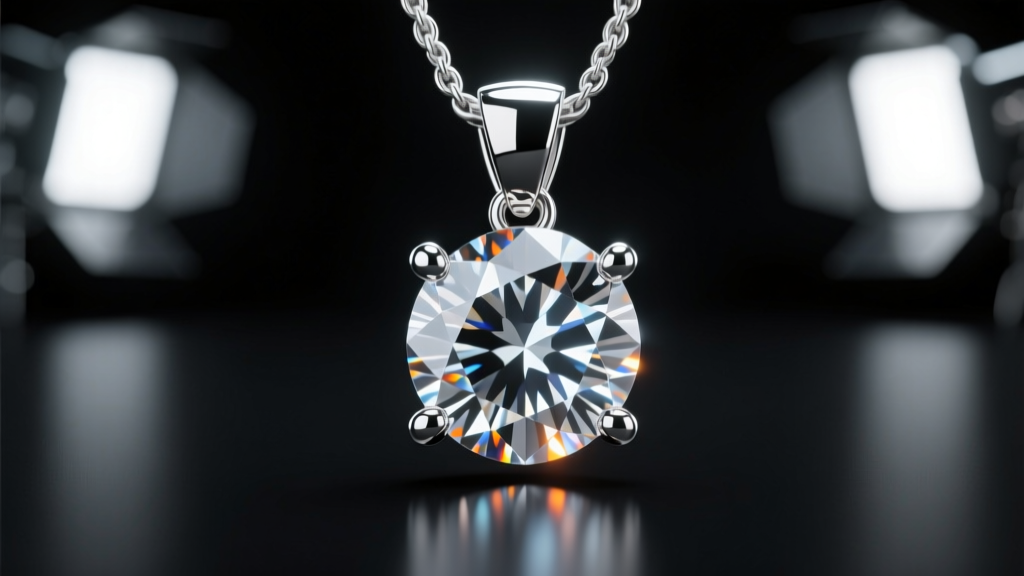 Macro render of a digital 3D pendant featuring a brilliant-cut diamond held by four prongs, illuminated by studio lighting setup