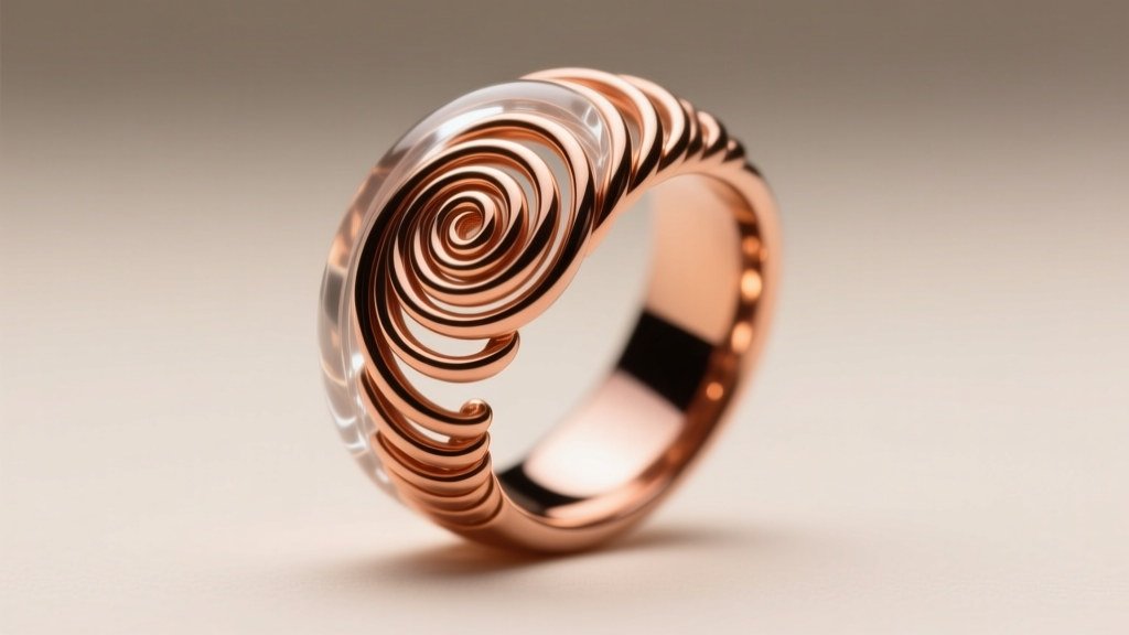 Side profile of a polished copper wire wrapped ring coated in clear sealant, gleaming brightly under warm studio lights.