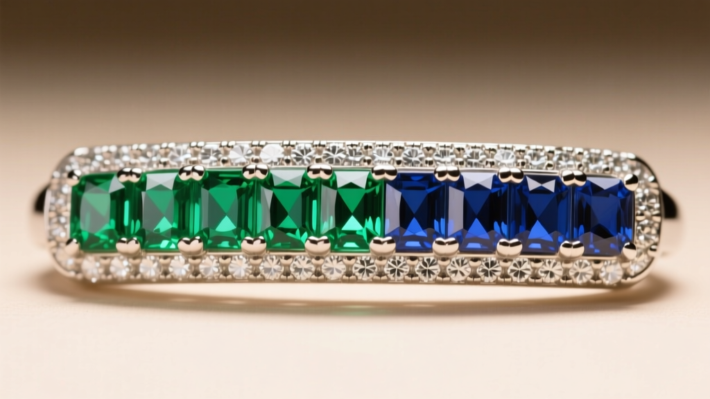 Macro shot of a channel-set rainbow baguette pendant showing precise alignment of green emeralds and blue sapphires in platinum