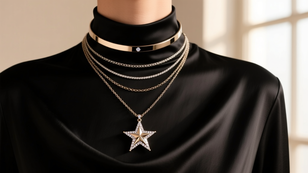 Layered holiday necklace stack featuring a 16-inch choker and an 18-inch starburst pendant worn over a black silk cowl-neck top