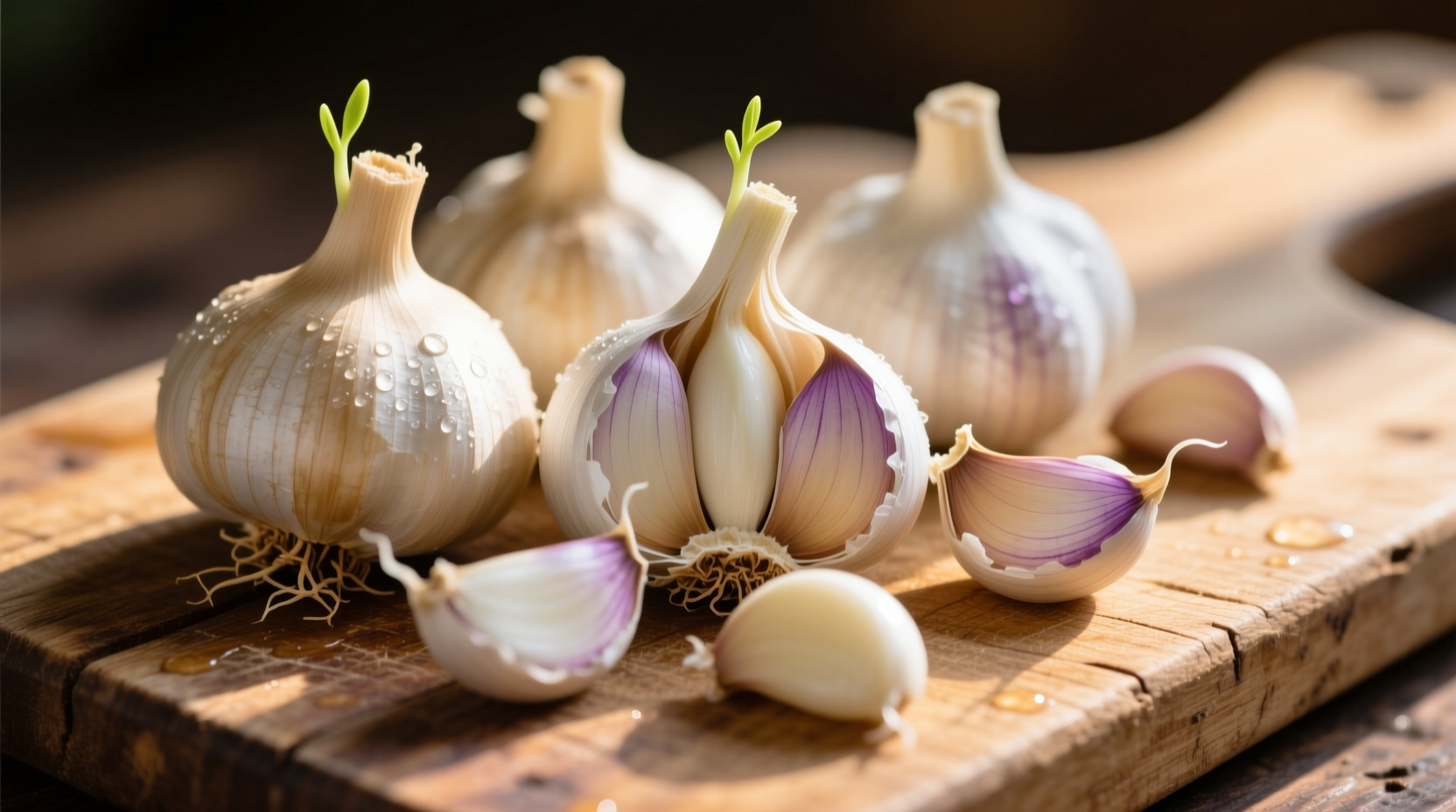 Fresh garlic bulbs and cloves on wooden cutting board