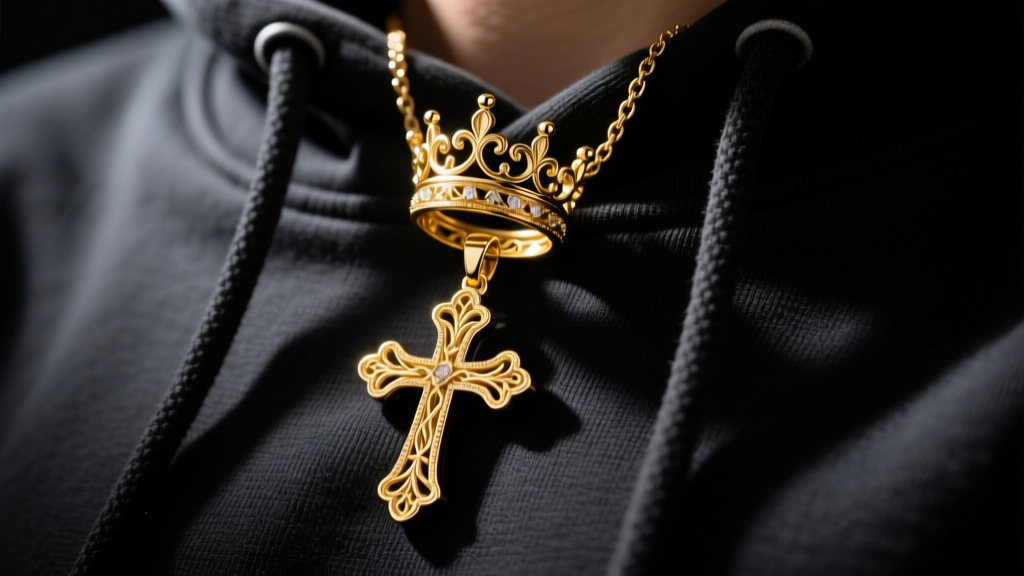 Close-up of a layered 18k gold crown and cross necklace on a dark streetwear hoodie under moody, directional studio lighting.