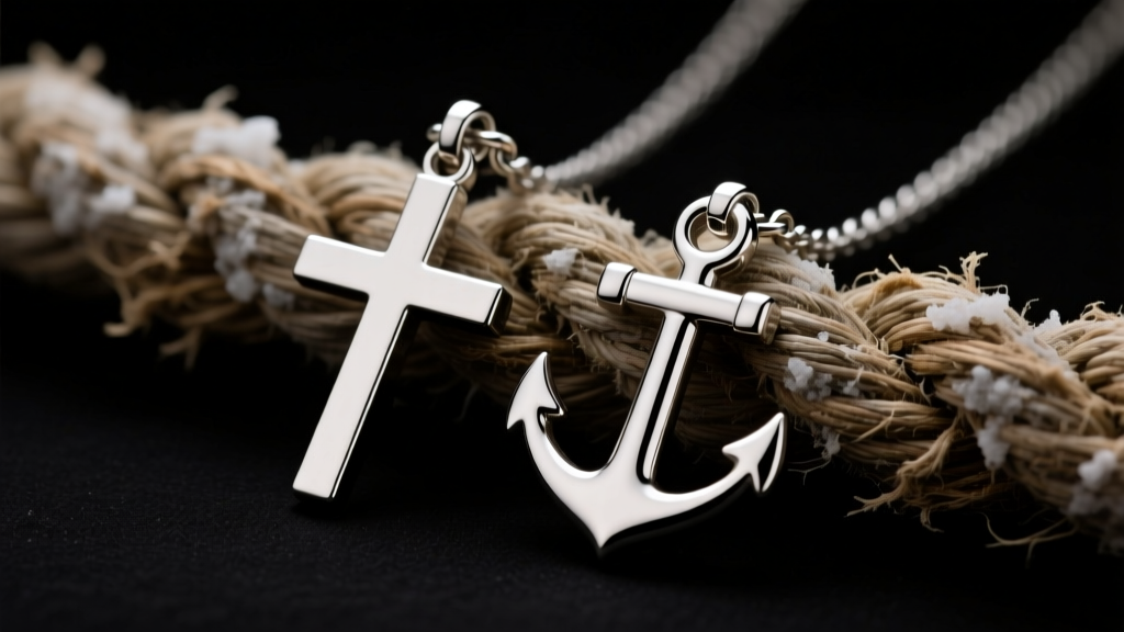 Macro shot of a brushed steel cross and anchor necklace resting on weathered nautical rope under dramatic studio lighting