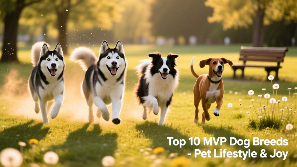 A joyful group of energetic dogs playing together in a sunlit park—Huskies, Border Collies, and Vizslas running side by side