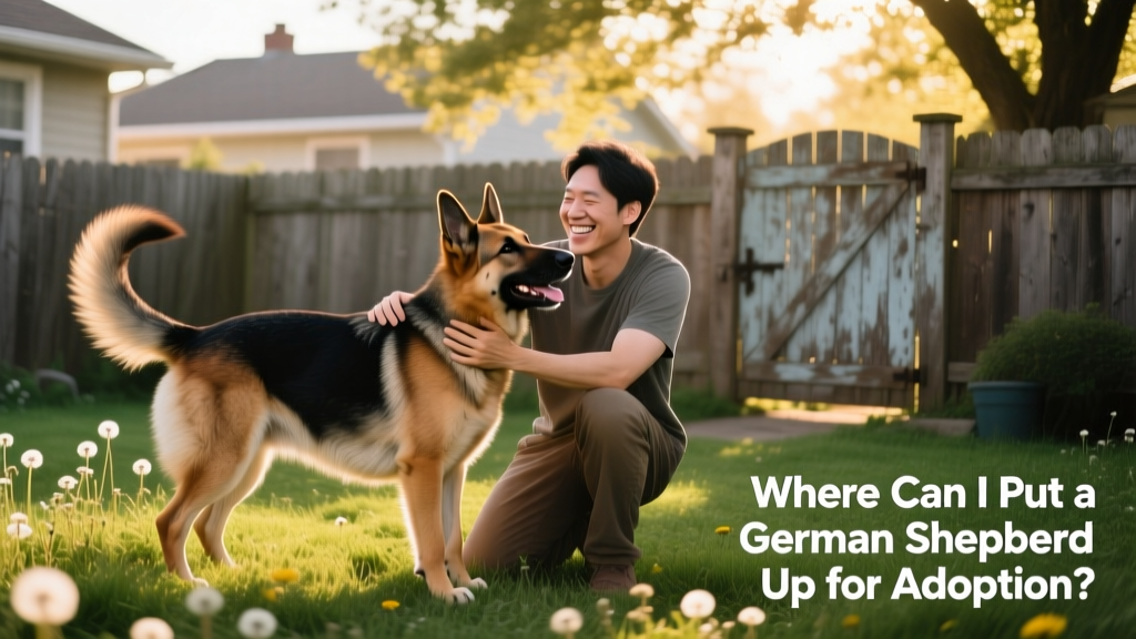 German Shepherd and new adopter playing gently in a fenced yard, both clearly happy and connected