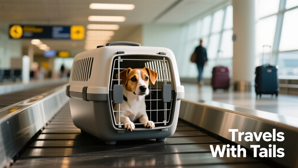 A compact, well-ventilated pet carrier placed on an airport conveyor belt, with a small dog visible inside looking calm and comfortable
