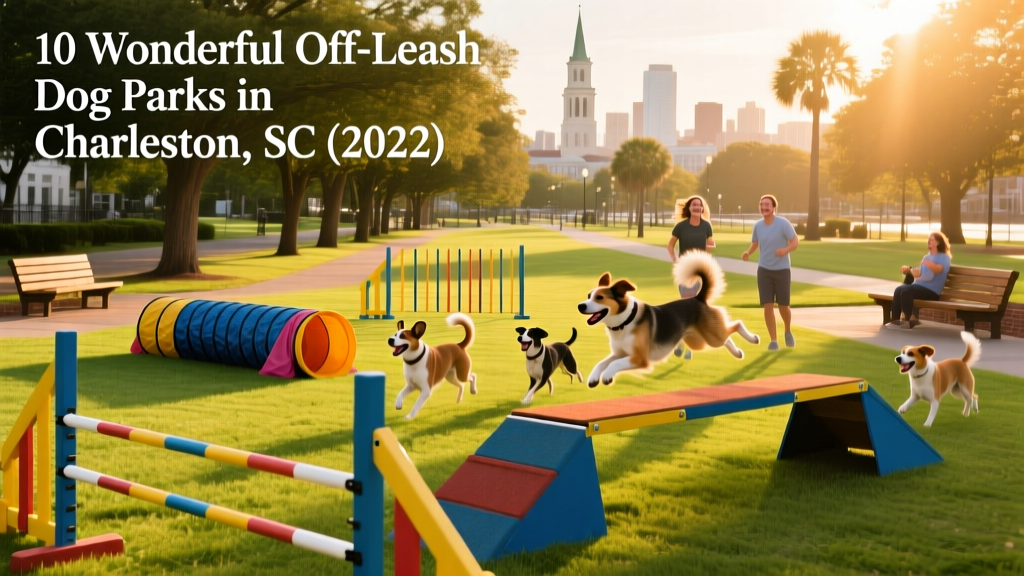 A vibrant urban dog park with colorful agility equipment, shaded seating, and happy dogs playing