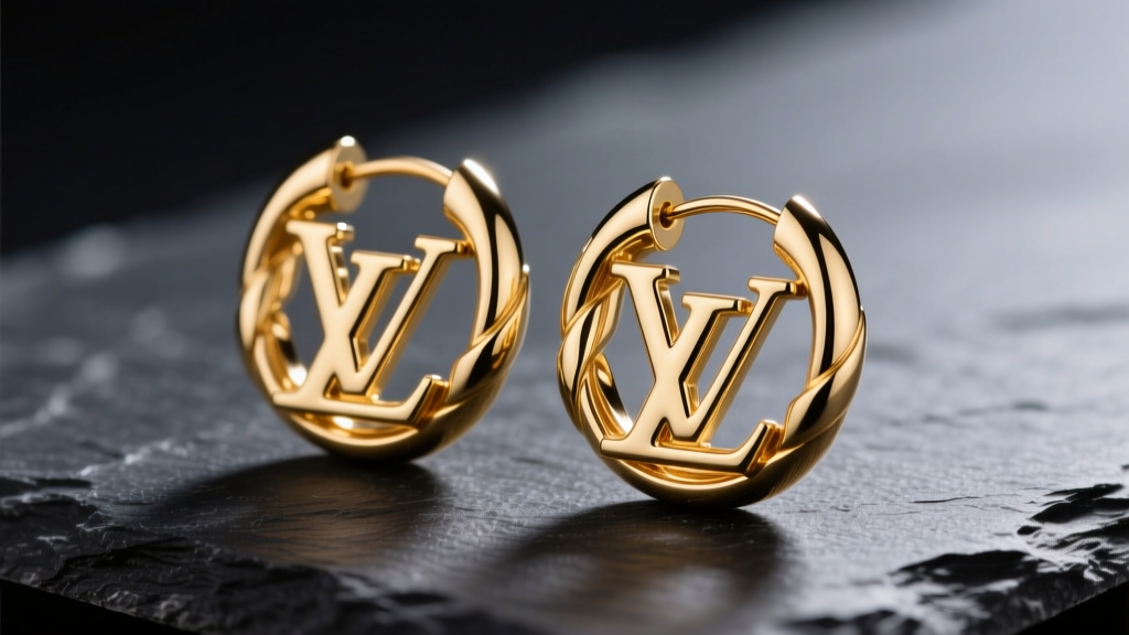 Close-up of gold-plated brass LV monogram hoop earrings resting on dark slate, illuminated by soft directional studio lighting.