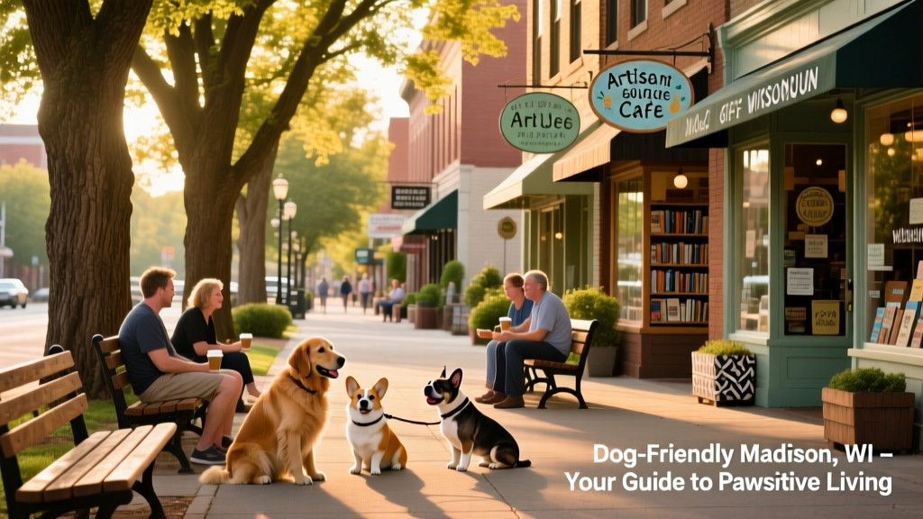 Pedestrian-friendly street in downtown Madison lined with mature trees, benches, and small shops