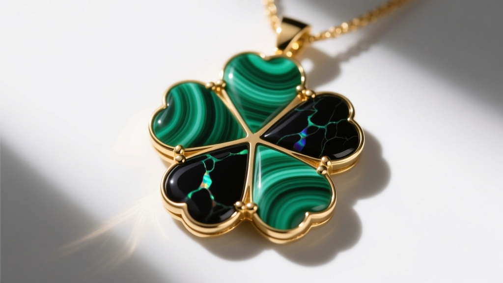 Top view of malachite and onyx inlays on a clover pendant, showing natural banding and perfectly flush gold bezel settings