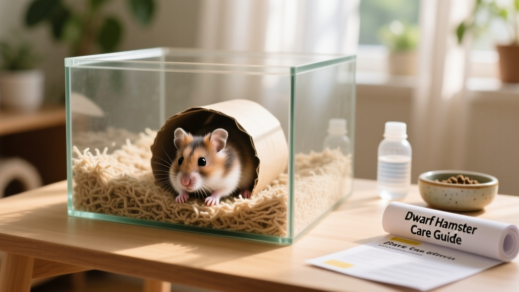 A dwarf hamster tunneling through several inches of soft, natural-colored paper bedding in a roomy glass terrarium
