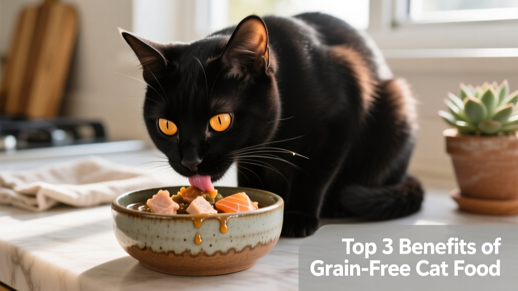 Close-up of a sleek, healthy cat eating from a ceramic bowl filled with high-protein wet food