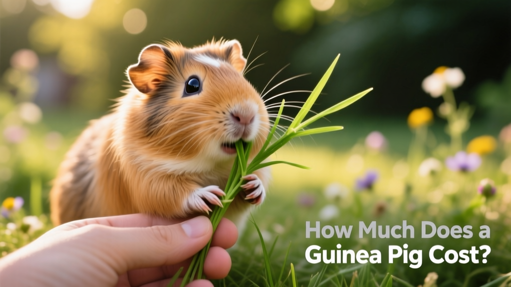 A guinea pig happily eating fresh grass from a hand-held sprig