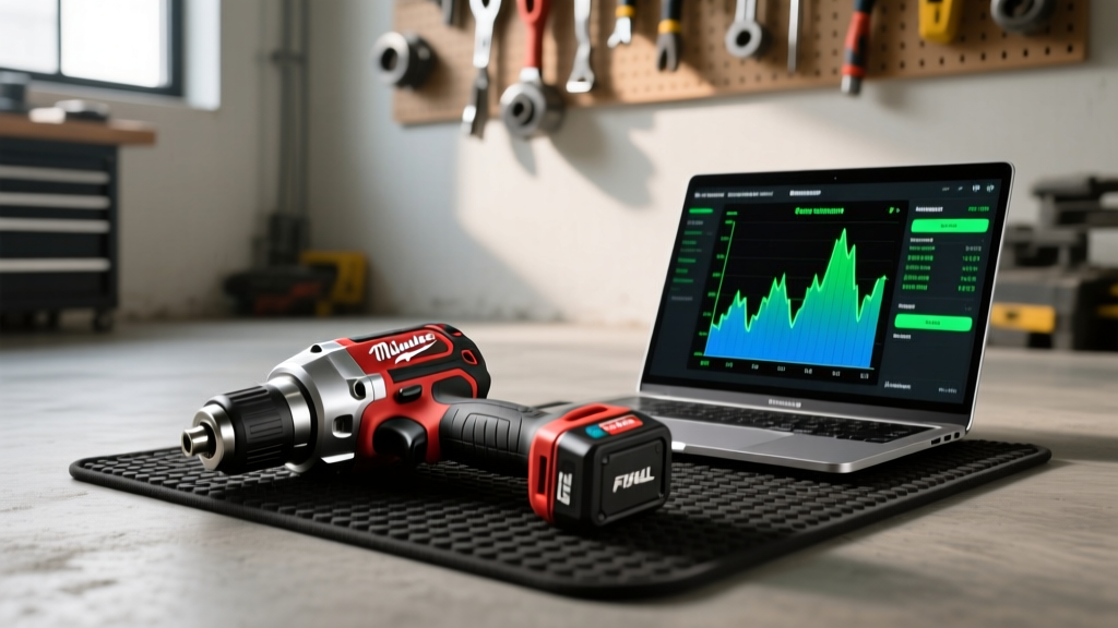 Milwaukee M18 FUEL digital torque wrench resting on a mechanic mat next to a laptop displaying Bluetooth torque data logs
