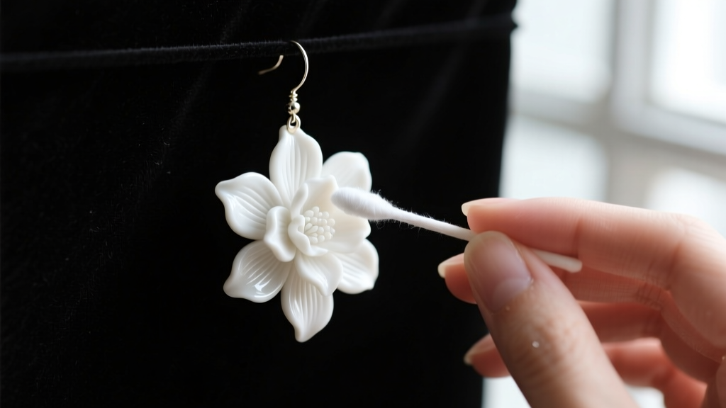 Hands using a damp cotton swab to clean a delicate white polymer clay floral dangle earring resting on a dark velvet backdrop