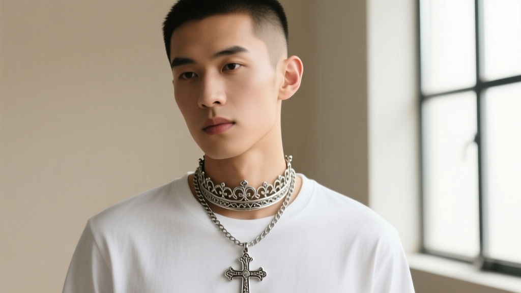 Man wearing layered necklaces with a minimalist 18-inch silver chain and 22-inch ornate cross crown pendant over a white tee