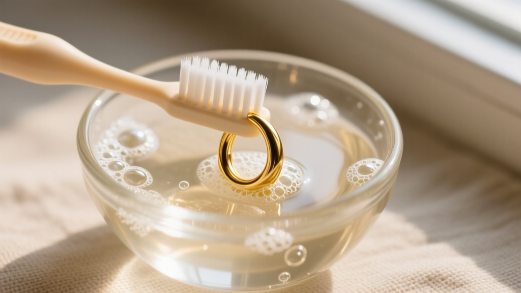 Overhead shot of a soft baby toothbrush gently scrubbing an 18k gold hoop earring in a small glass bowl of warm soapy water