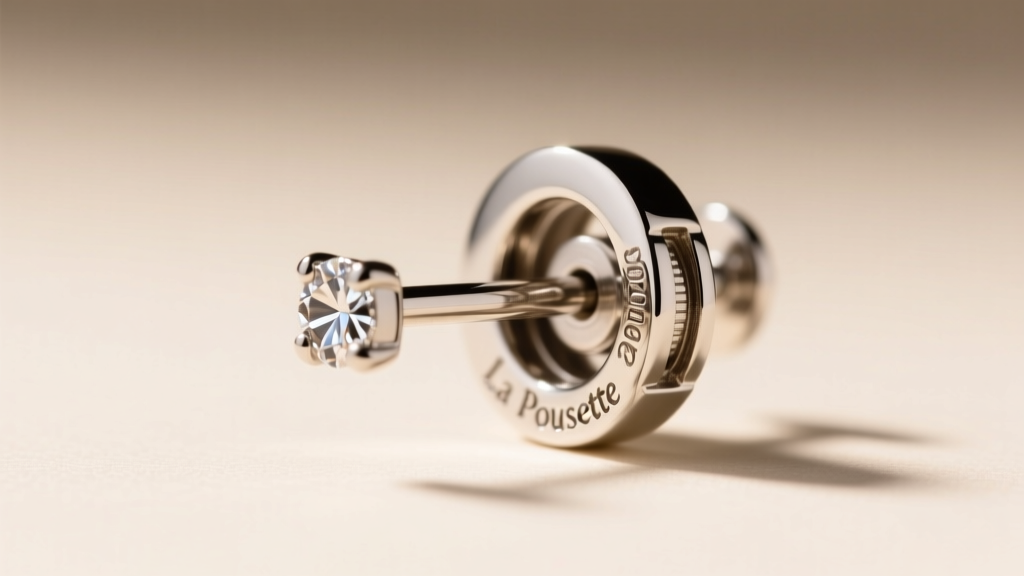 Macro shot of a La pousette earring backing on a 20-gauge diamond stud, sharp focus on the mechanical locking groove mechanism.