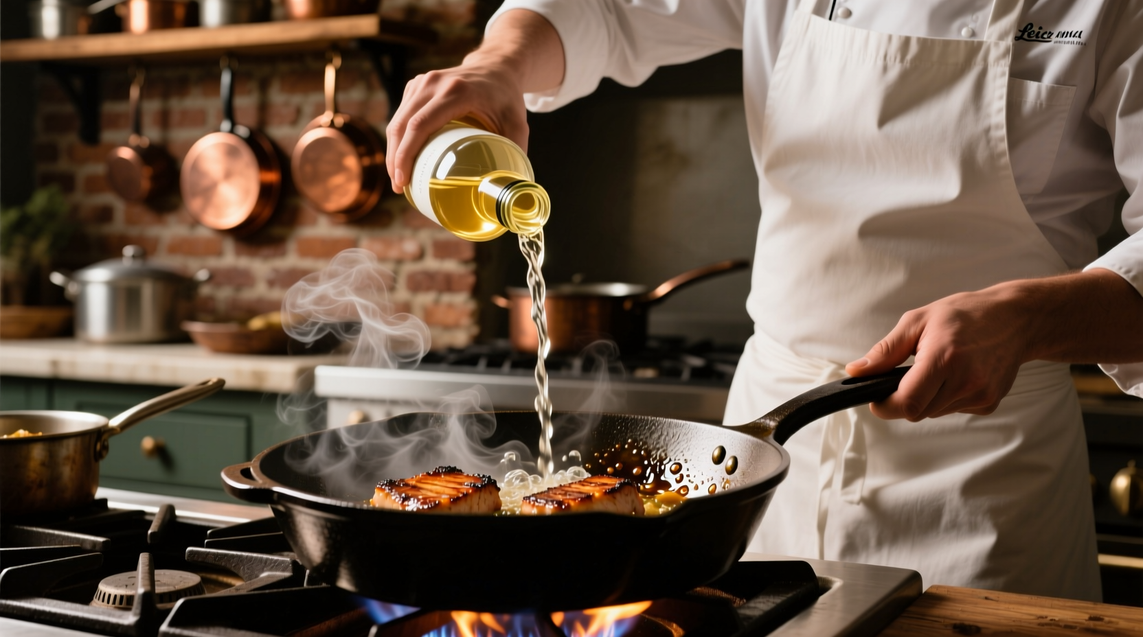 Chef pouring white wine into a sizzling skillet