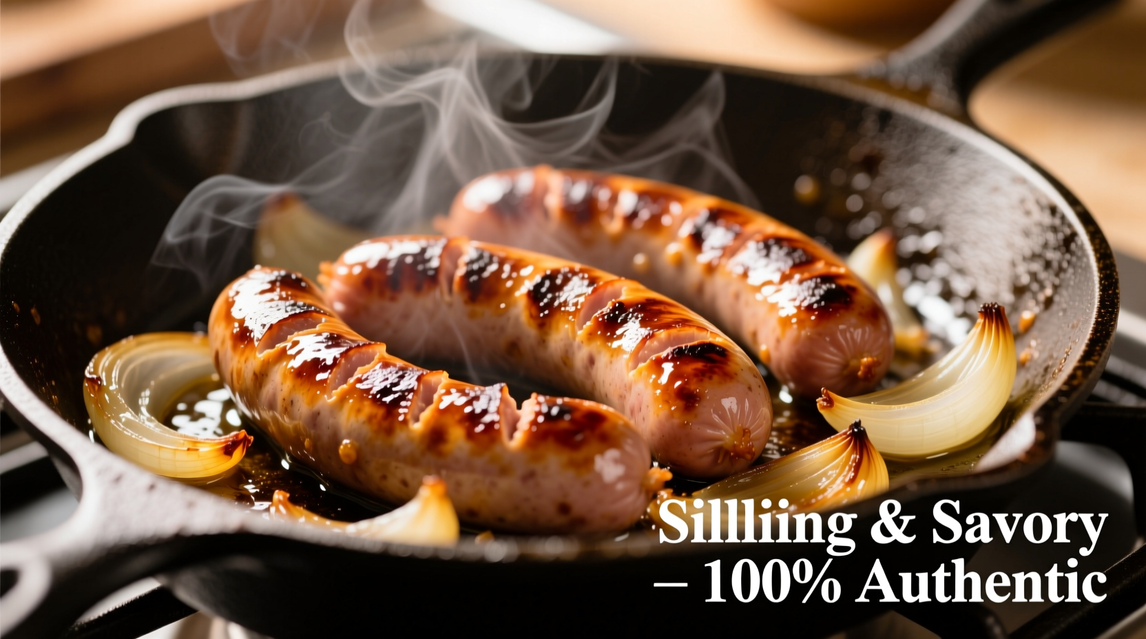 Perfectly browned bratwurst cooking in skillet with onions