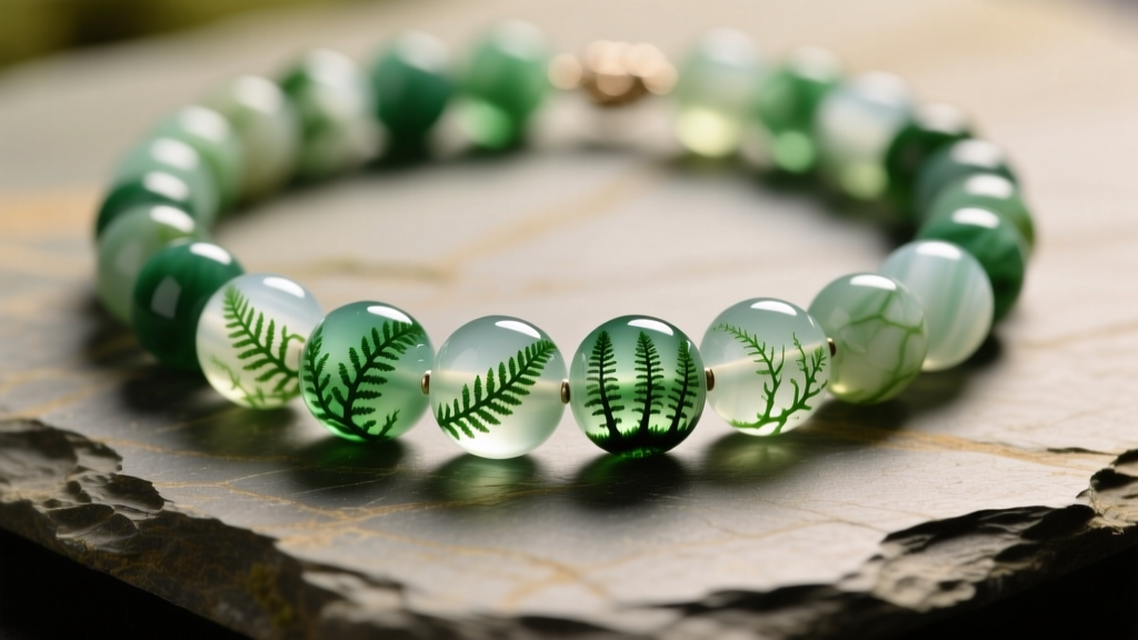 Macro shot of a moss agate bead necklace on slate, showing sharp green dendritic inclusions within translucent chalcedony stones.