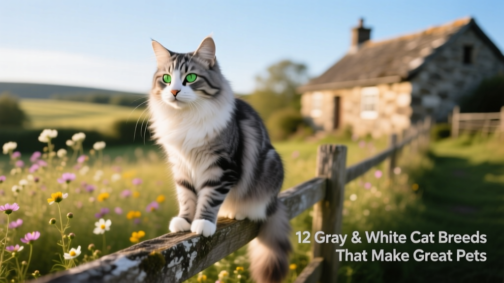 A regal Norwegian Forest Cat with gray and white markings perched calmly on a wooden railing outdoors