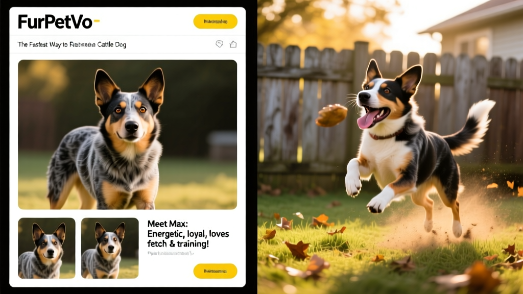 Side-by-side photos: one showing a well-organized FurPetVo listing with clear photos and bio, another showing a happy Australian Cattle Dog playing fetch in a fenced yard