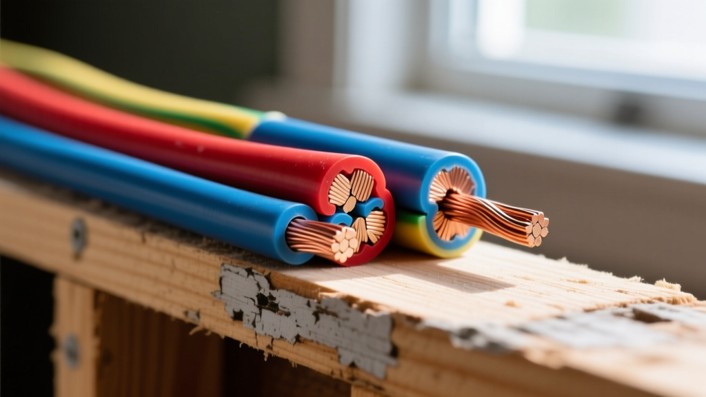 Close-up of color-coded THHN and XHHW-2 electrical wires with stripped PVC and XLPE insulation lying on a wooden stud framing