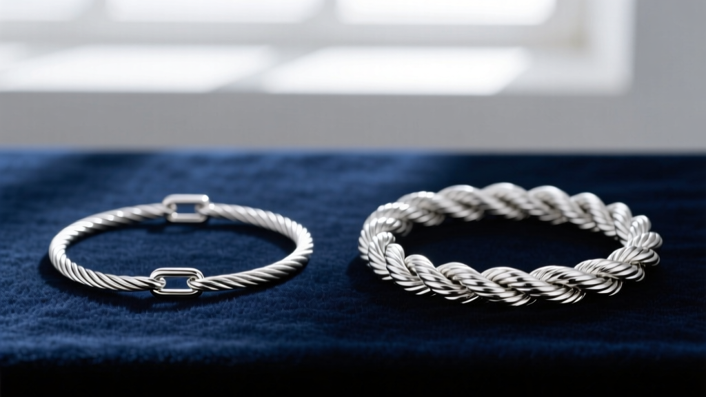 Macro comparison of a delicate 0.8mm cable chain and a sturdy 1.5mm rope chain in bright rhodium-plated sterling silver on velvet