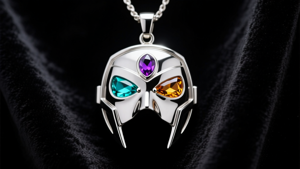 Close-up of a silver Squid Game guard mask pendant with colorful infinity stone gems on a dark velvet background.