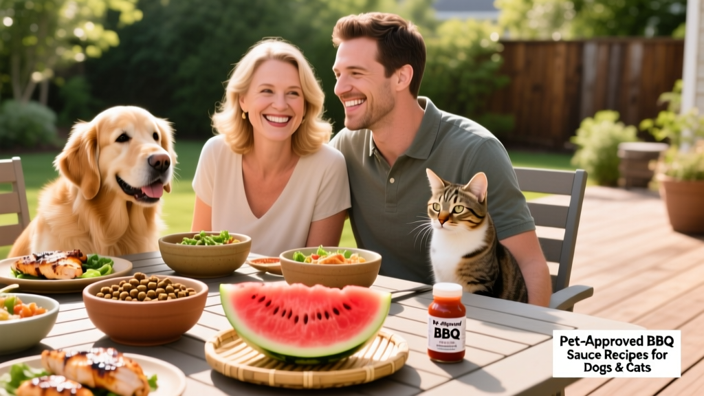 Marge and David smiling beside a sunny patio table set with pet-safe BBQ dishes, bowls for Otis and Zoey, and a watermelon slice in the foreground