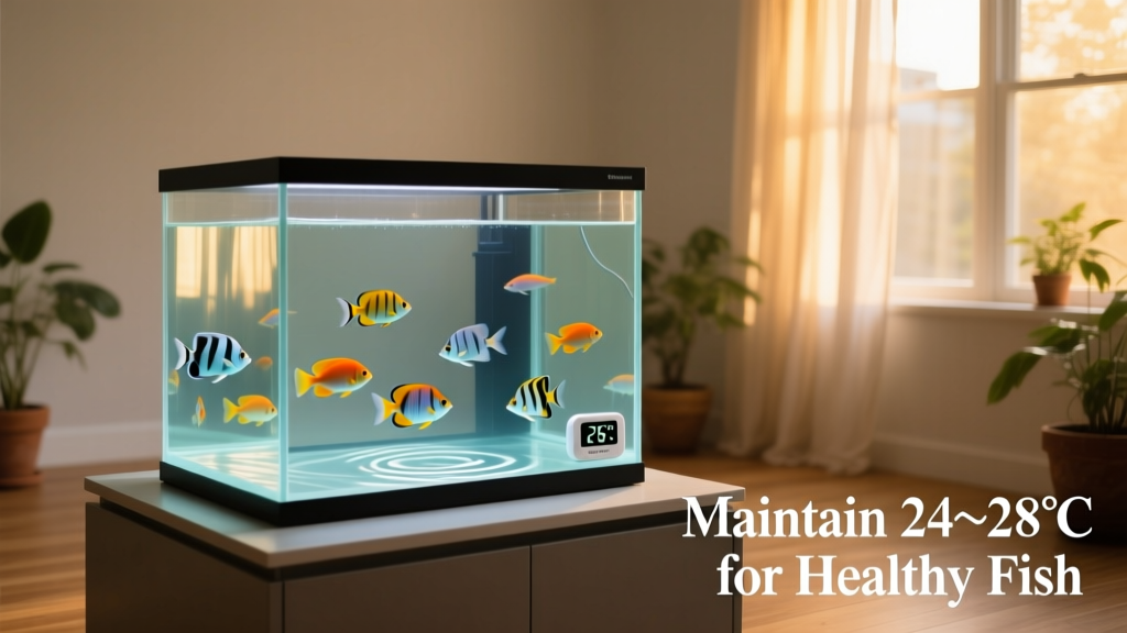 Aquarium placed away from windows and drafts, positioned on a stable, level surface in a climate-controlled room