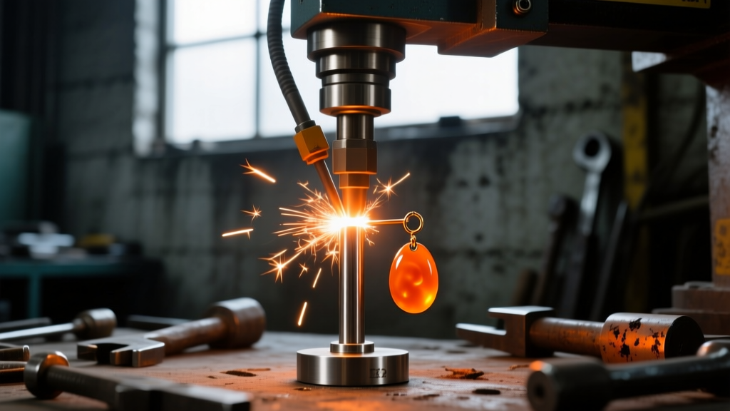 Laser welder fusing an 18-gauge titanium post to a vintage Bakelite earring base, showing an orange spark in a dark workshop.