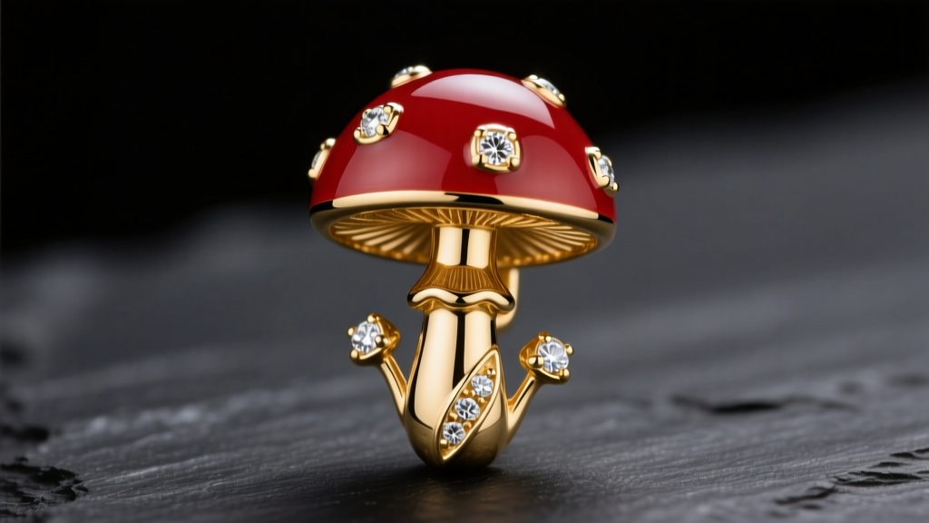 Macro shot of an 18k gold mushroom earring with red vitreous enamel cap and flush-set diamond spores on dark slate.