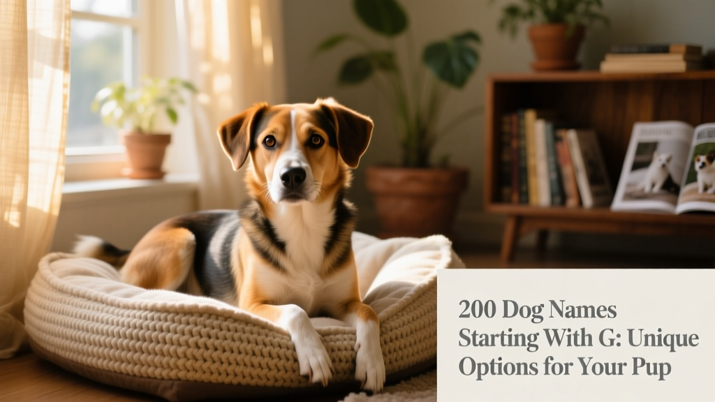 Mixed-breed dog looking curiously at camera while resting on a cozy woven dog bed near a window