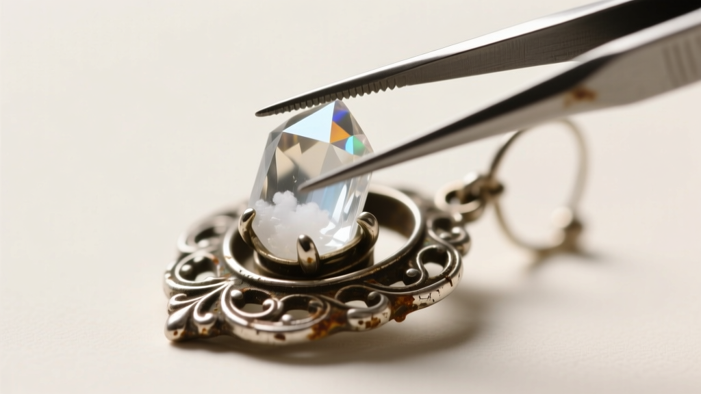 Macro shot of tweezers lifting a cloudy foil-backed crystal from a tarnished vintage earring setting under bright studio lighting