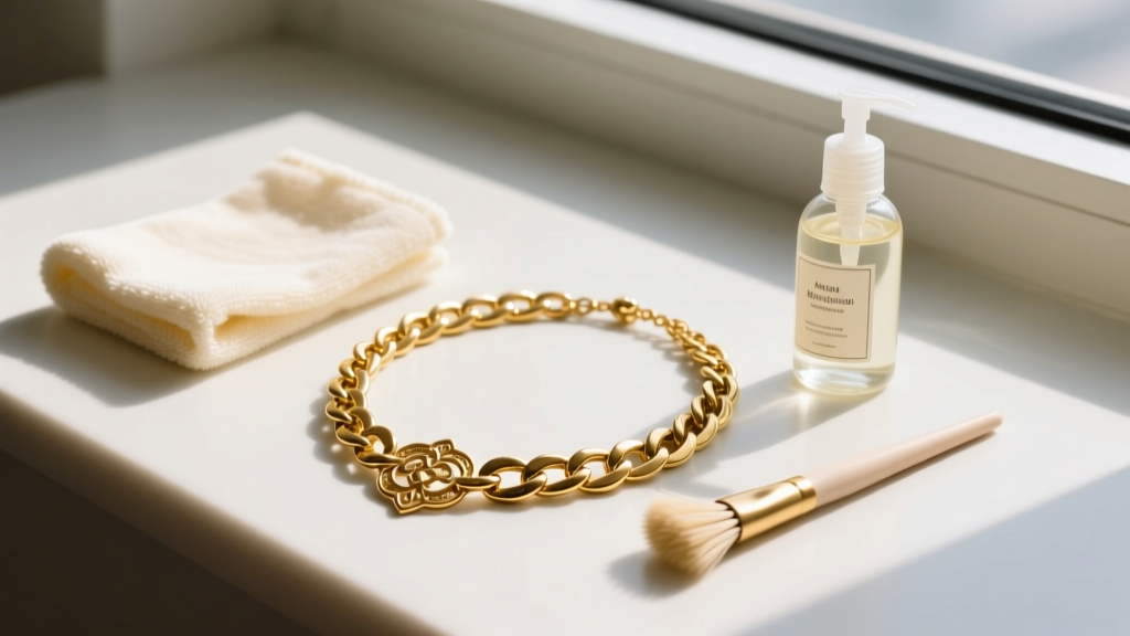 Flat lay of gold jewelry cleaning supplies including a soft polishing cloth, mild dish soap, and a soft-bristle brush next to a tarnished gold vermeil necklace and a bright solid gold chain