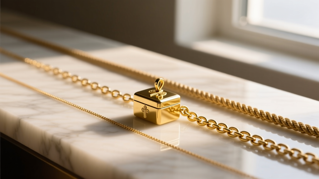 Side-by-side view of a 1.2mm delicate cable chain and a 2.5mm rope chain paired with a heavy gold vermeil prayer box pendant.