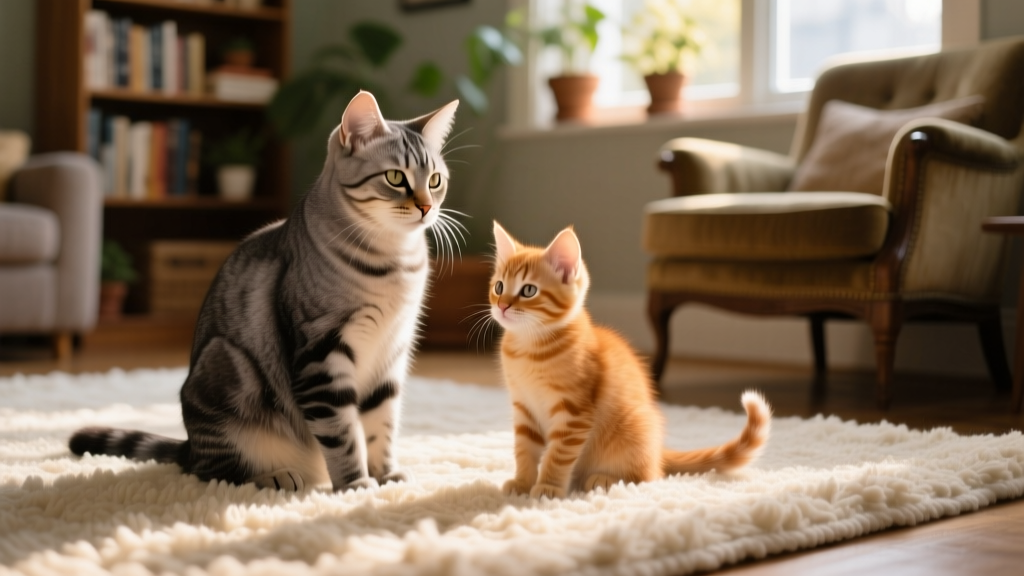Two cats sitting side by side on a soft rug, calmly observing each other