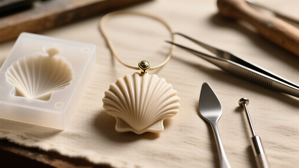 Workbench showing a 3D printed wax model of a scalloped shell pendant next to a silicone mold and casting tools in warm light.