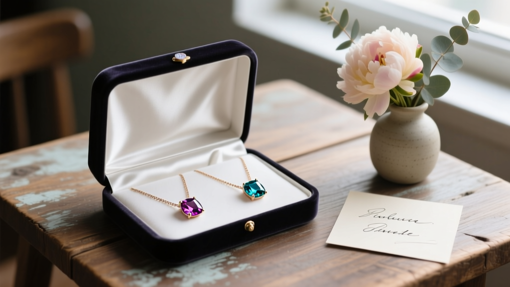 Open velvet box revealing two matching birthstone necklaces next to a handwritten card and small floral bouquet on a wooden table