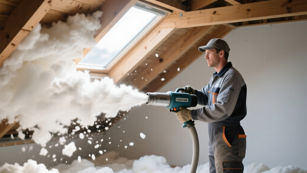 Contractor operating a blowing machine hose filling an open attic floor with white cellulose insulation material between wooden joists