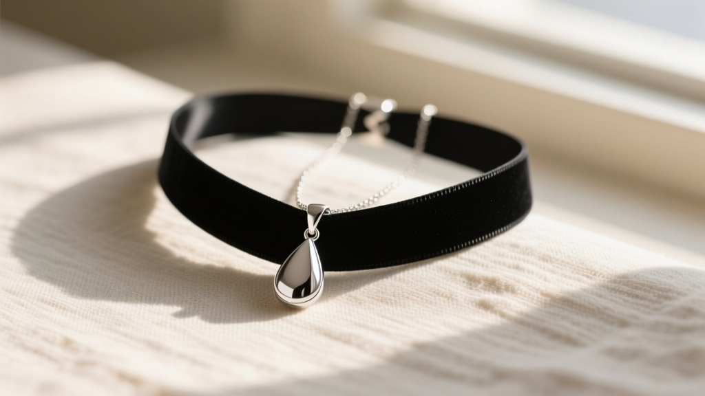 A black velvet ribbon necklace with a sterling silver teardrop pendant resting on textured linen in soft natural daylight