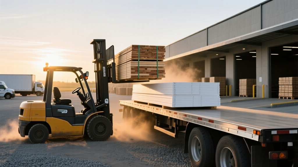 Forklift loading bundled dimensional lumber and drywall sheets onto a flatbed truck at a regional building materials supply yard at dawn